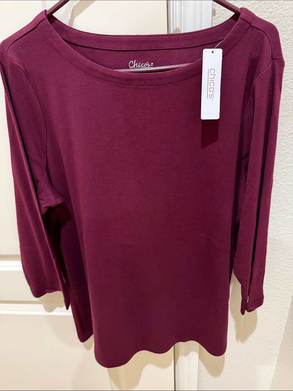 Chico's Deep Burgundy 3/4 Sleeve Boatneck Top NWT XL